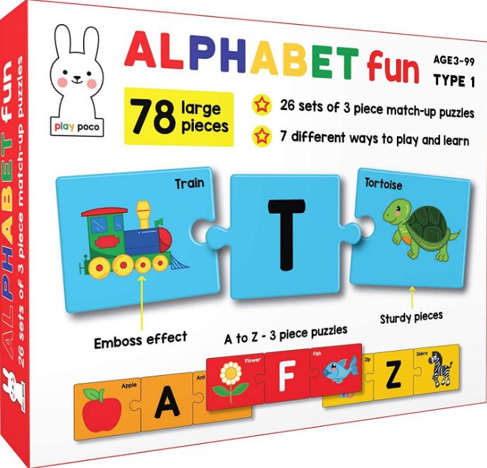 Play Poco Alphabet Fun Type 1 - 78 Piece Alphabet Matching Puzzle - 7 Different Ways to Play and Learn - Includes 78 Large Puzzle Cards with Beautiful Illustrations - Stumbit Kids